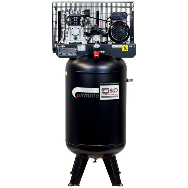 The SIP - VN3/150-SB Vertical Belt Drive Compressor (SIP-06323), branded with "airmate" and "SIP" on its black tank, includes a space-saving receiver design, a control panel and safety cage on top, and heavy-duty components for enhanced durability.