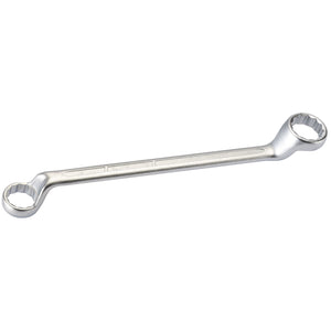 The Draper Elora Deep Crank Metric Ring Spanner, model 110-32x36, is a silver double-end box wrench made from chrome vanadium steel. It features a slightly curved handle and twelve-point bi-hexagon profiles at each end of different sizes (32mm and 36mm), compliant with DIN 838/ISO 3318 standards.