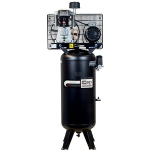 A SIP - VN55/150-TB Vertical Belt Drive Compressor - SIP-06335, featuring an upright tank and mounted motor, comes in black with cable and pressure gauge on top and heavy-duty components within its vertical receiver design.