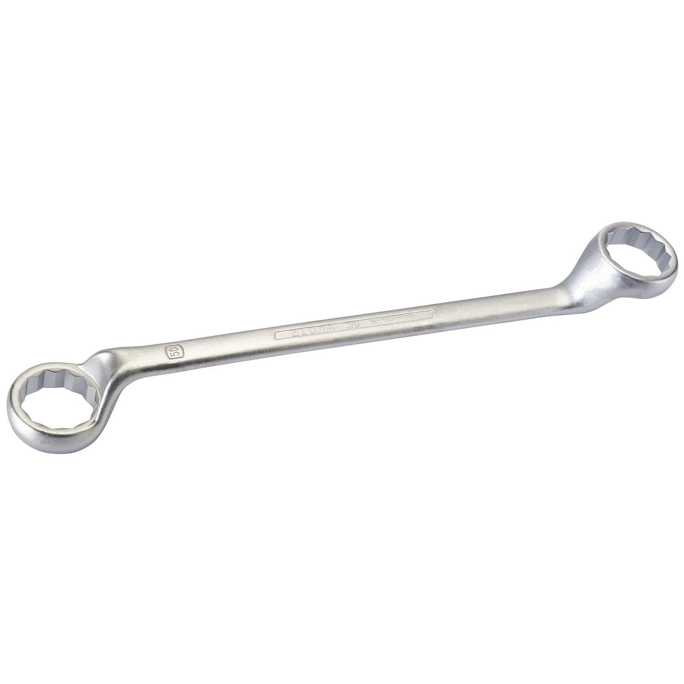 Introducing the Draper Elora Deep Crank Metric Ring Spanner (46 X 50mm, 110-46x50). This durable tool features double-ended offset box wrench design with metric sizes printed on the handle. Both ends are equipped with 12-point bi-hexagon profiles and are crafted from robust chrome vanadium steel, finished in a sleek silver metallic that complies with DIN 838/ISO 3318 standards.