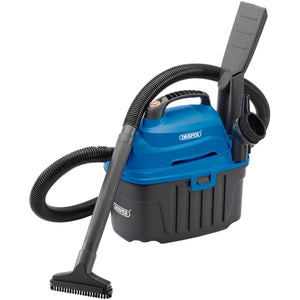 The Draper Wet And Dry Vacuum Cleaner, model WDV10, with a 10L tank and 1000W power, comes in blue and black. It features a flexible hose and multiple attachments, making it perfect for car cleaning. The vacuum cleaner is displayed against a plain background.