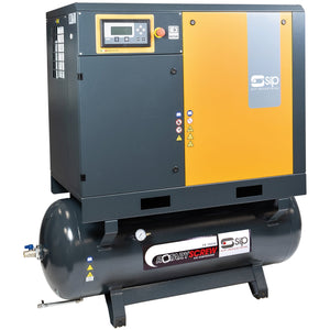 Image of the SIP - RS11-10-270BD/FF Rotary Screw Compressor (SIP-06534). The unit features a black cylindrical tank at the bottom and a gray and orange control box mounted on top with various control buttons and status lights, ensuring clean air in compliance with ISO 8573-1 standards.