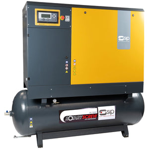 The SIP - RS11-10-500BD/FF Rotary Screw Compressor (SIP-06535) boasts a black and yellow control panel, is mounted on a sleek black tank, and is labeled "SIP Industrial." Its compact design makes it ideal for efficient compressed air delivery.