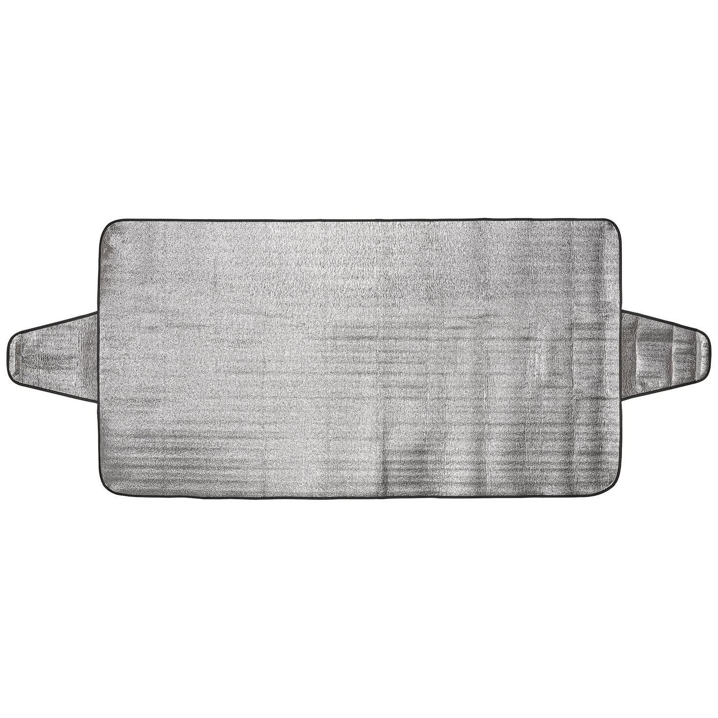 A Draper All-Season Windscreen Shield - WSS-1, a rectangular silver sunshade with black trim and side flaps, is shown laid flat. This all-season windscreen shield from Draper provides excellent protection against harmful rays, keeping your car interior cool and safe.