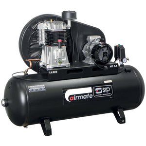 A black SIP - TN55/200 Belt Drive Compressor (SIP-06583) with a motor, cooling fan, high-efficiency pump, and pressure gauge mounted on a cylindrical tank. Model LT-200 and HP 5.5 are prominently displayed on the side.