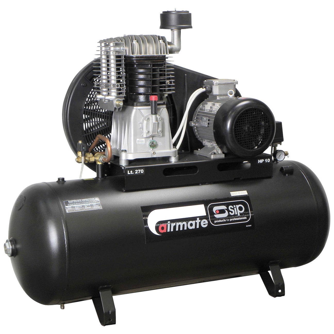 A black air compressor from SIP, specifically the TN10/270 Belt Drive Compressor (model SIP-06587), features a horizontal tank with a high-efficiency pump, motor, pressure gauge, and various connecting pipes designed for effective moisture reduction.