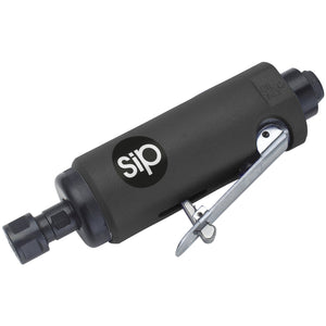 A close-up of the SIP - 1/4" Air Die Grinder - SIP-06713, showcasing the black pneumatic air tool adorned with the recognizable SIP logo. This heavy-duty grinder includes a convenient lever for operation, boasts low vibration to enhance user comfort, and provides an attachment point for easy connection to an air supply.