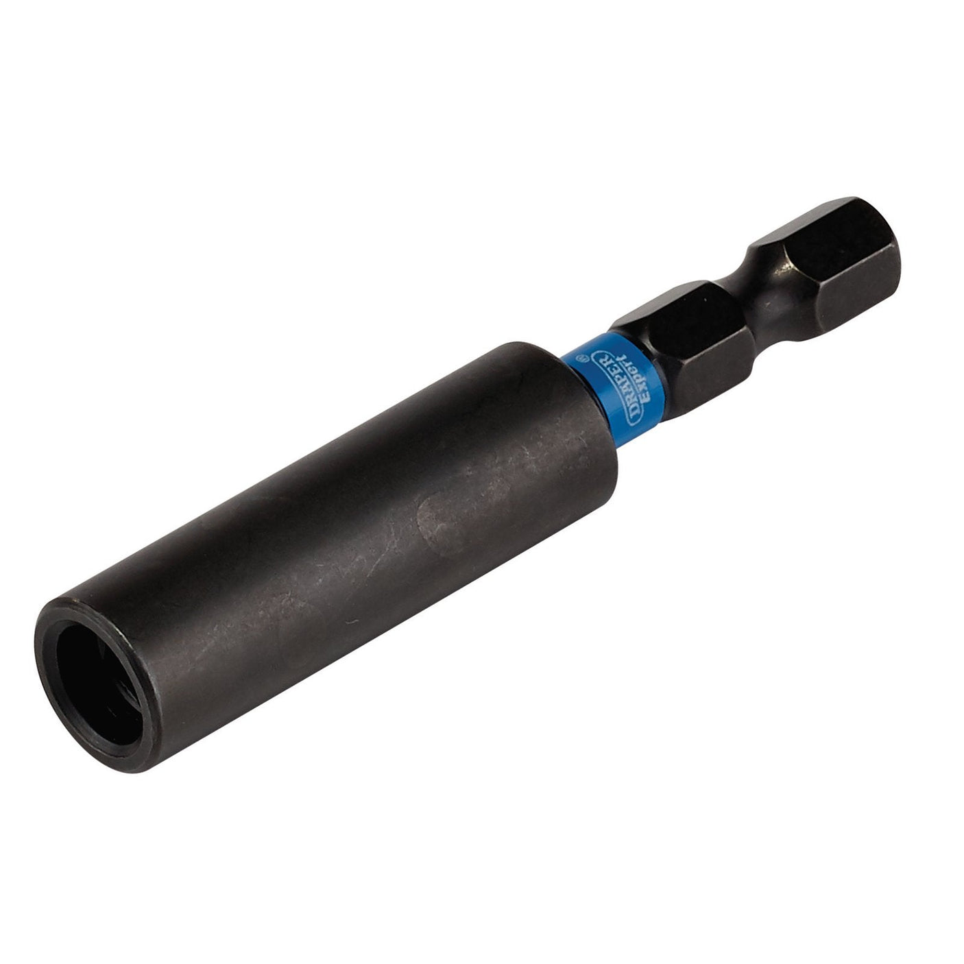 The Draper Expert Impact Magnetic Bit Holder, 60mm, 1/4" Hex - IMH by Draper is a black socket adapter featuring a blue ring near its hexagonal end and is made of durable chrome vanadium steel, designed to connect power drill bits to sockets.