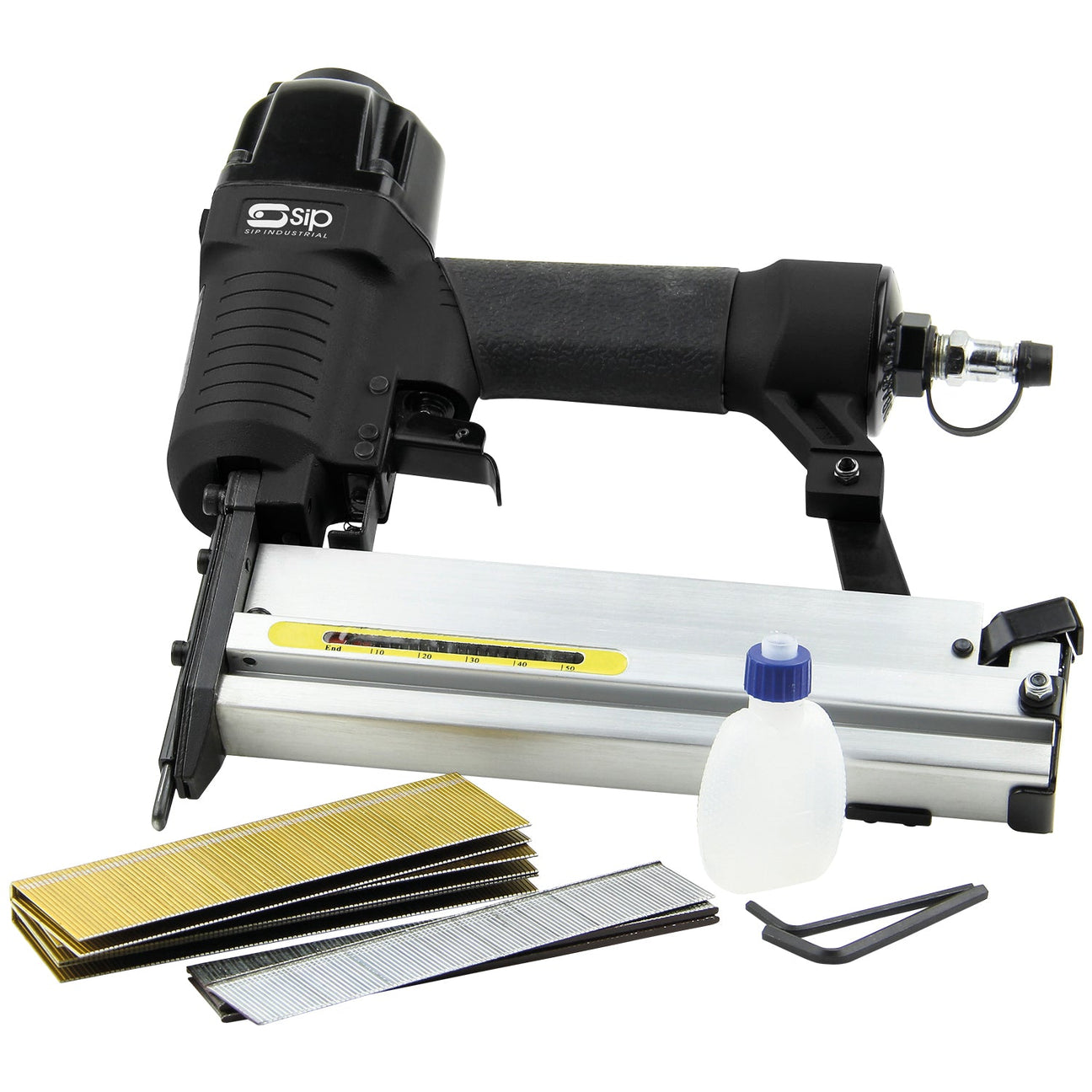 The SIP - 2-in-1 Air Nailer & Stapler Kit - SIP-06771, with a silver and black design, is shown featuring a 100-nail magazine and an adjustable air exhaust. It comes with staples, a small bottle of oil, and an Allen wrench.