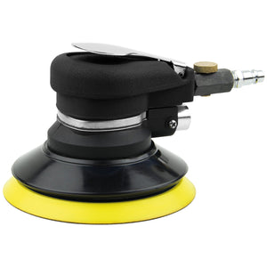 The SIP - 6" Palm Sander (SIP-06777) by SIP, featuring a black design with a yellow base, lightweight build, and metallic air connector attachment, allows for effortless one-handed operation.