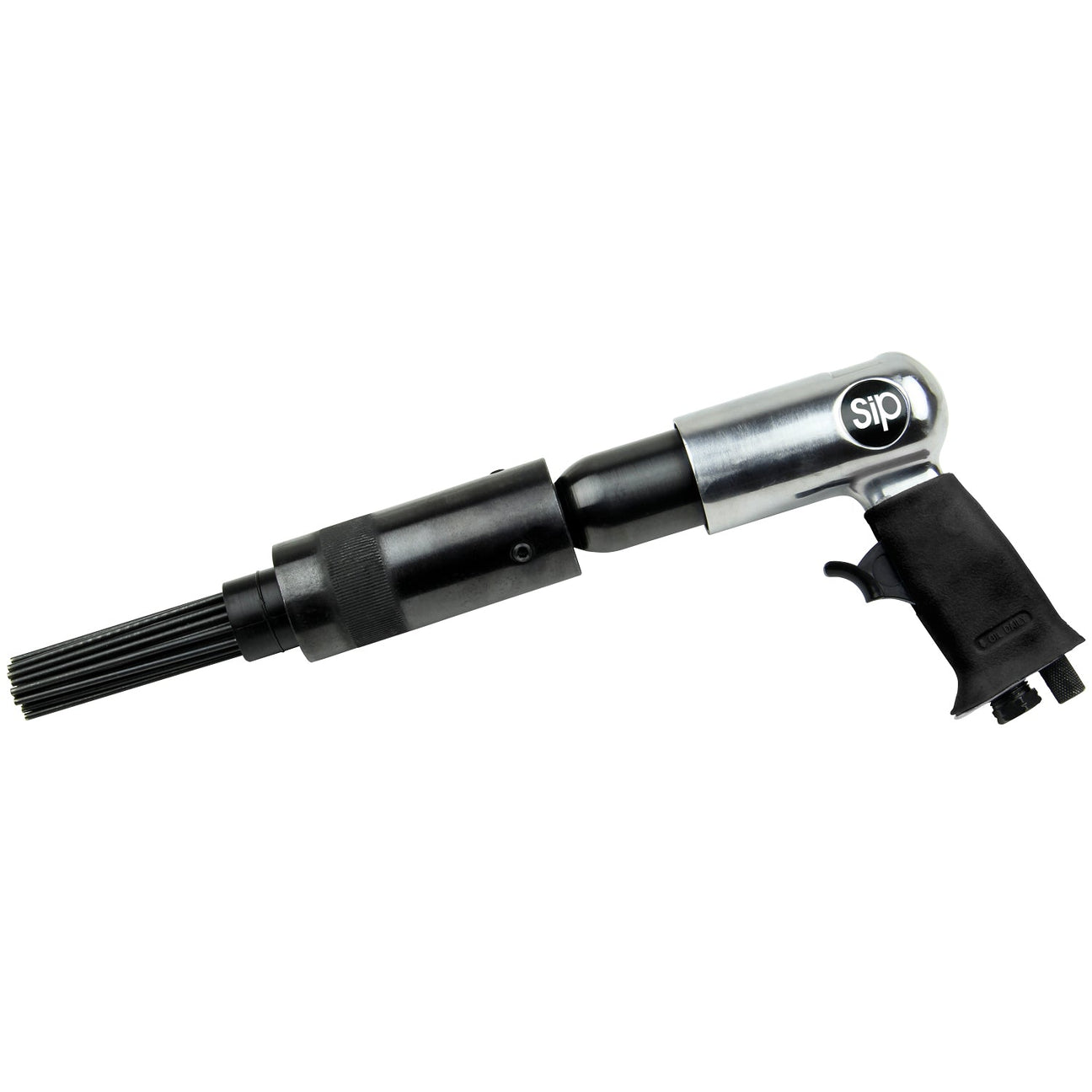 A lightweight SIP Pistol Grip Needle Scaler (SIP-06781) featuring a black nozzle and a silver handle emblazoned with the "SIP" logo, perfect for rust removal tasks.