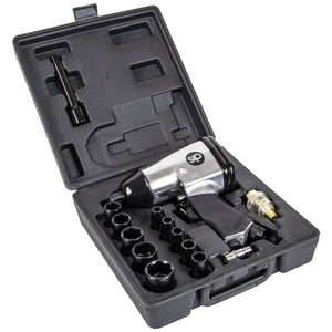 A SIP - 1/2" 17pc Air Impact Wrench Kit (SIP-06792) featuring a pneumatic air impact wrench with various chrome vanadium sockets, all neatly arranged in a durable blow-moulded carry case.