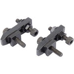 Two black metal adjustable clamps with screws and bolts from the Draper Clamping Kit For 22816 And 22824 (12 Piece) - 3IN1-04, viewed close-up on a white background.