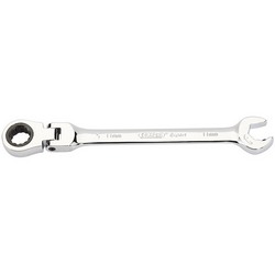 The Draper Metric Combination Spanner with Flexible Head and Double Ratcheting Features (11mm) - 8328FMM is a silver wrench that boasts a ratcheting open-end on one side and a ratcheting box-end on the other, making it ideal for use in confined spaces.