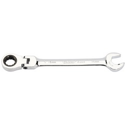 A Draper Metric Combination Spanner With Flexible Head And Double Ratcheting Features (15mm) - 8328FMM, featuring a shiny chrome vanadium steel construction with an open-end on one side and a ratcheting box-end on the other.