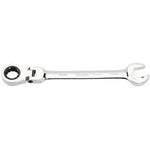 A Draper Metric Combination Spanner With Flexible Head And Double Ratcheting Features (15mm) - 8328FMM, featuring a shiny chrome vanadium steel construction with an open-end on one side and a ratcheting box-end on the other.