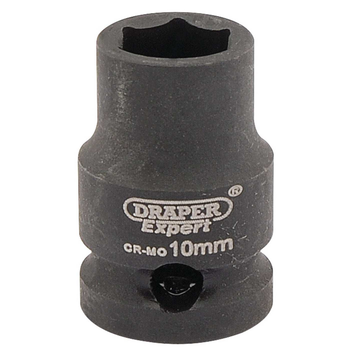 A black Draper Expert Hi-Torq® 6 Point Impact Socket, 3/8" Sq. Dr., 10mm - 409-MM, crafted from durable chrome molybdenum with CR-MO engravings for use with wrenches and compatible impact sockets.