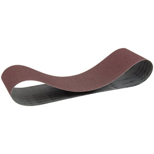 The SIP - 6" x 48" 60 Grit Medium Sanding Belt (SIP-06870) is a brown, flexible sanding belt with a smooth surface on one side and text on the other, coiled in a wave-like shape, making it perfect for wood sanding.