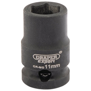 A black 11mm Draper Expert Hi-Torq® 6 Point Impact Socket, 3/8" Sq. Dr. - 409-MM, ideal for air wrenches, features a six-point star-shaped opening.