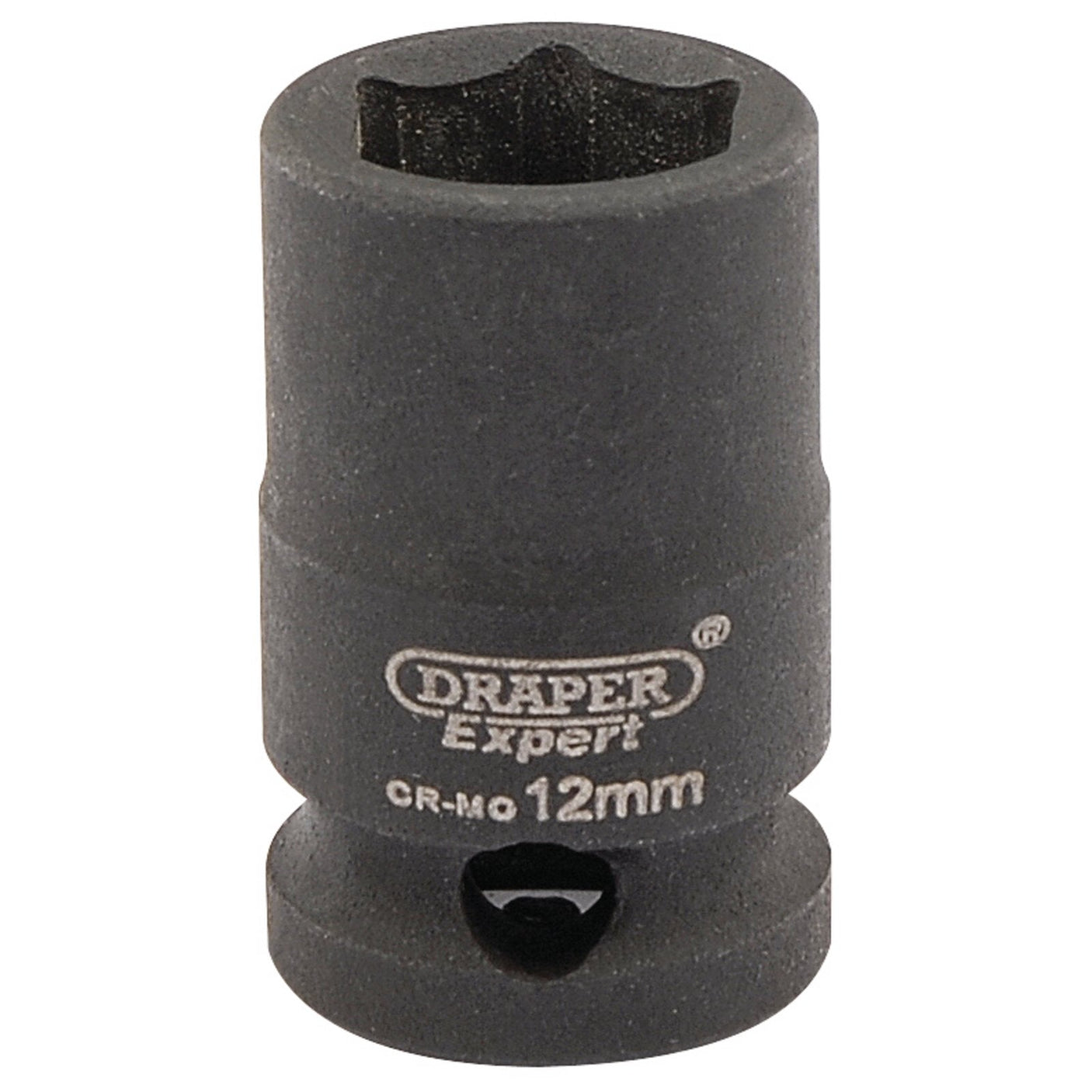 Close-up of a Draper Expert Hi-Torq® 6 Point Impact Socket, 3/8" Sq. Dr., 12mm - 409-MM, labeled "CR-MO 12mm" on a light background. This chrome molybdenum impact socket from Draper is perfect for air wrenches.