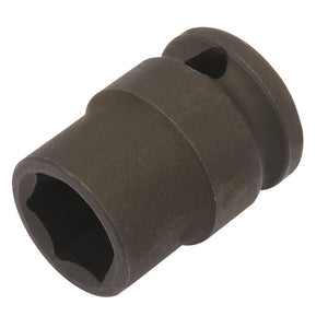 The Draper Expert Hi-Torq® 6 Point Impact Socket, 3/8" Sq. Dr., 13mm - 409-MM is a cylindrical, black metal socket with a hollow center and grooved exterior, specifically designed for use with ratchet or driver tools. Constructed from robust chrome molybdenum, it excels in high-torque applications such as those involving air wrenches and impact sockets.