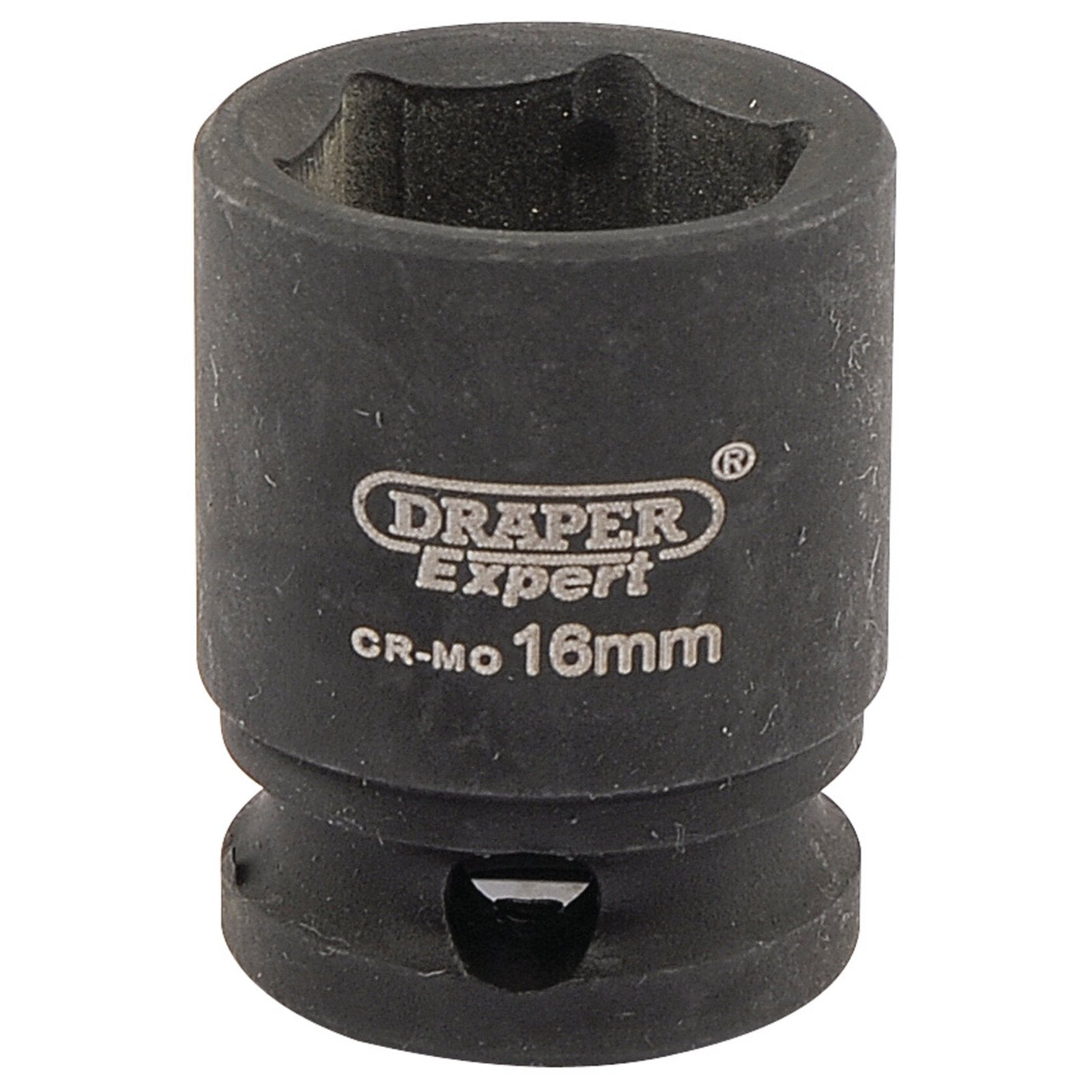 A Draper Expert Hi-Torq® 6 Point Impact Socket, 3/8" Sq. Dr., 16mm - 409-MM tool with a hexagonal interior and a black matte finish, perfect for use with air wrenches.