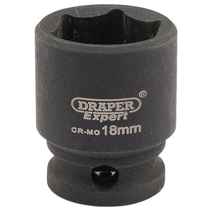 A black Draper Expert Hi-Torq® 6 Point Impact Socket, 3/8" Sq. Dr., 18mm - 409-MM, labeled "CR-MO 18mm," made from durable chrome molybdenum, perfect for use with air wrenches.