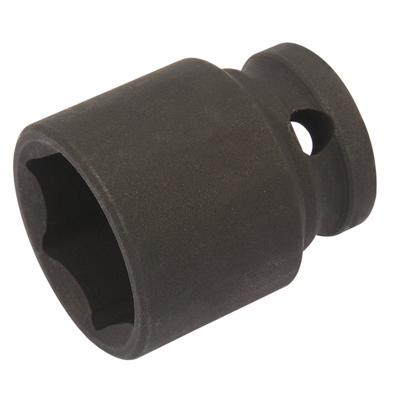 The Draper Expert Hi-Torq® 6 Point Impact Socket, 3/8" Sq. Dr., 19mm - 409-MM is a black, cylindrical metal socket featuring a hexagonal interior and a hole near the base, making it ideal for use with electric wrenches. This durable tool is crafted from chrome molybdenum.