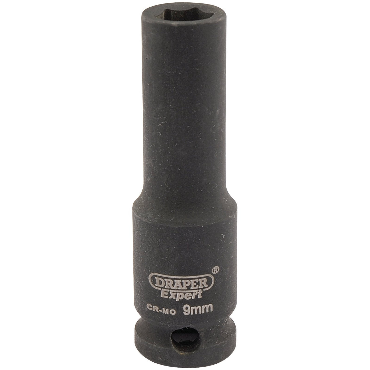 A close-up of a Draper Expert Hi-Torq® 6 Point Deep Impact Socket, 3/8" Sq. Dr., 9mm - 409D-MM featuring a sleek black finish and hexagonal opening, expertly crafted from durable chrome molybdenum for exceptional impact resistance and corrosion protection.
