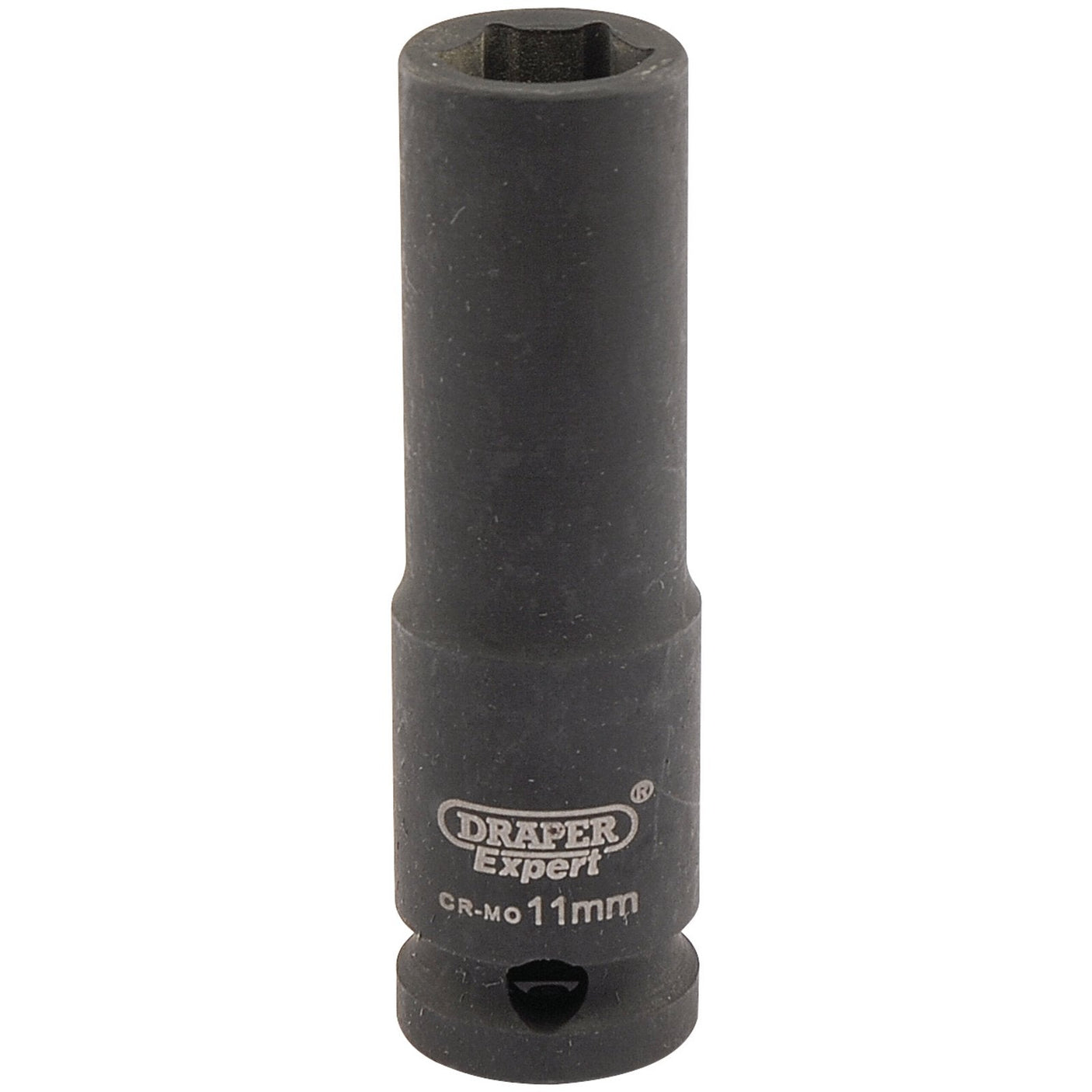 A black Draper Expert Hi-Torq® 6 Point Deep Impact Socket with a 3/8" square drive and 11mm size, featuring the text "CR-MO 11mm" and "Draper Expert" on its side, designed for durability with chrome molybdenum construction.