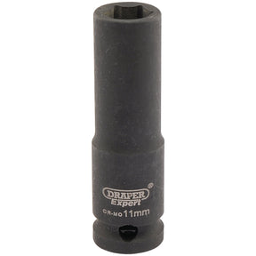 A black Draper Expert Hi-Torq® 6 Point Deep Impact Socket with a 3/8" square drive and 11mm size, featuring the text "CR-MO 11mm" and "Draper Expert" on its side, designed for durability with chrome molybdenum construction.