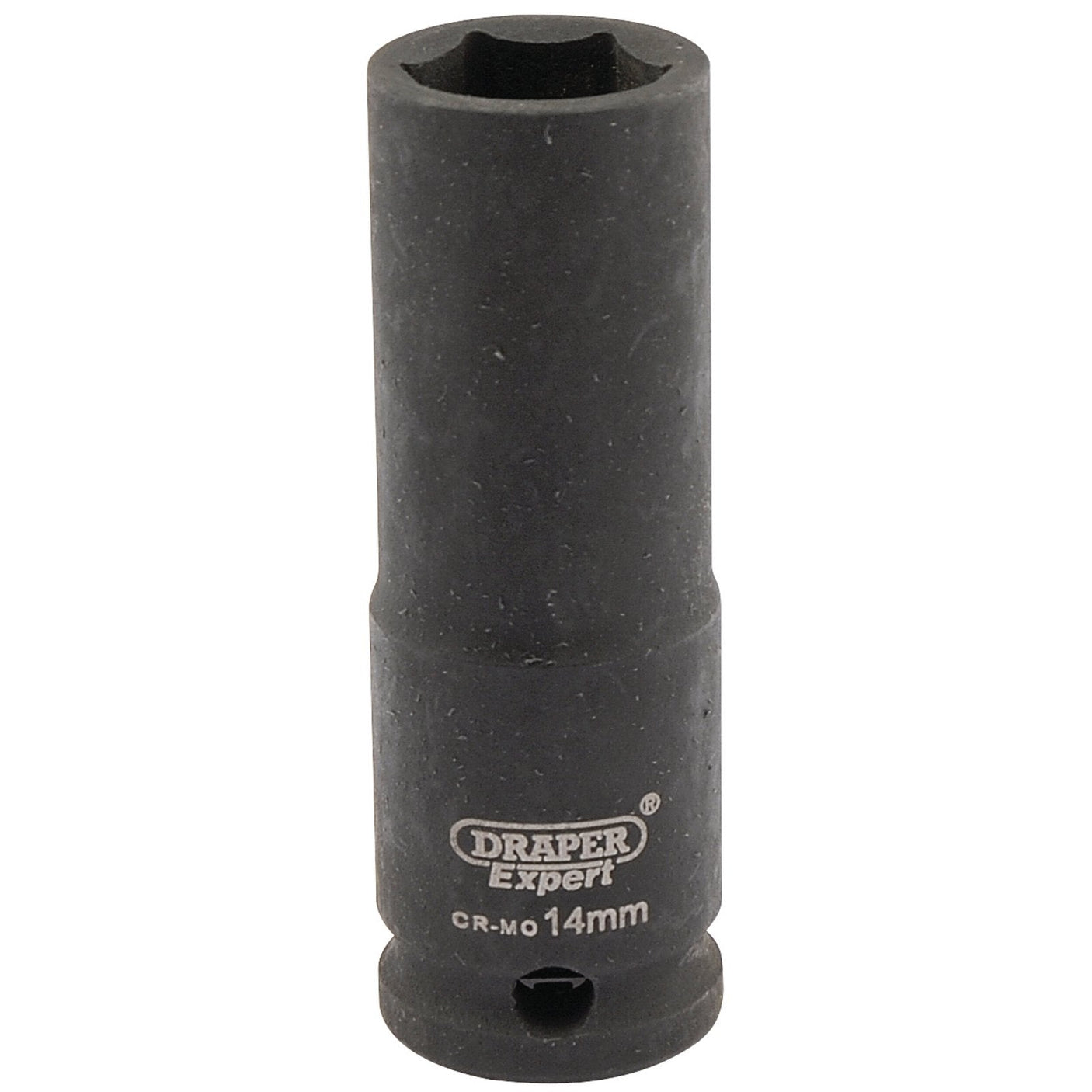 A Draper Expert Hi-Torq® 6 Point Deep Impact Socket, 3/8" Sq. Dr., 14mm - 409D-MM, designed for professional use and crafted from durable chrome molybdenum for excellent corrosion protection, is displayed against a white background.