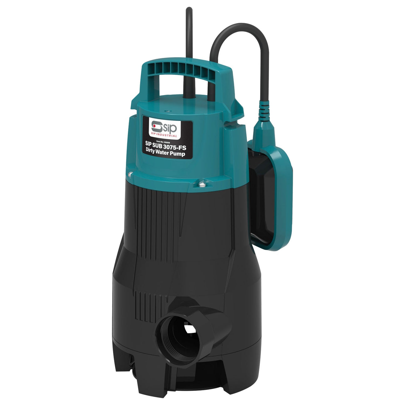 The SIP SUB 3075 Dirty Water Pump (IP-06888) by SIP, featuring a teal and black body with a handle on top and an attached power cord, is perfect for clearing out a flooded cellar.