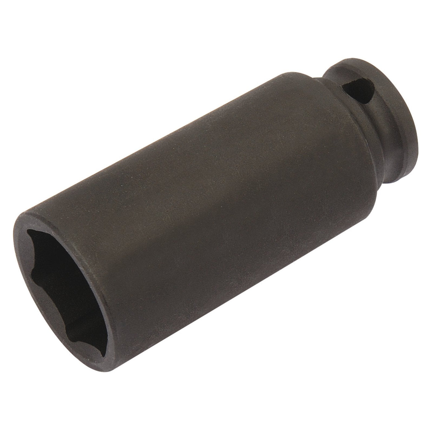 The Draper Expert Hi-Torq® 6 Point Deep Impact Socket, 3/8" Sq. Dr., 17mm - 409D-MM is a black, cylindrical socket wrench adapter featuring a hexagonal opening and a small hole near the closed end. It is made from chrome molybdenum for enhanced durability.