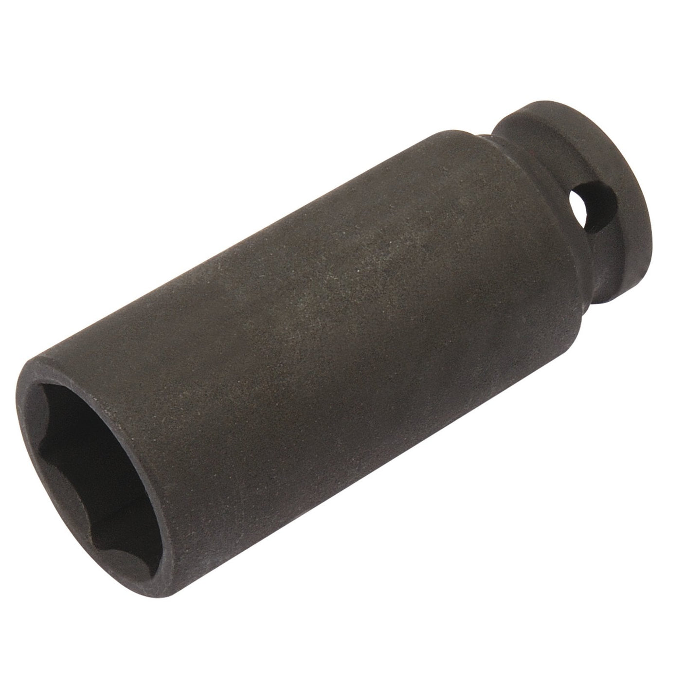 A Draper Expert Hi-Torq® 6 Point Deep Impact Socket, 3/8" Sq. Dr., 19mm - 409D-MM, featuring a black, cylindrical design with a hollow center and a slot on one end resembling a socket wrench attachment, made from durable chrome molybdenum for superior strength.