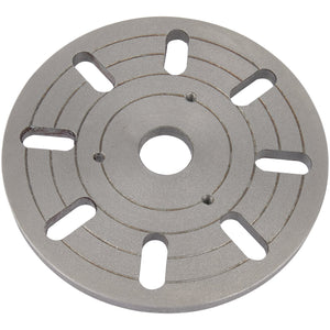 Draper Face Plate for use with Stock No. 33893 - LATHE300-02 by Draper, featuring a circular metal design with a central hole and multiple evenly spaced radial slots and grooves.