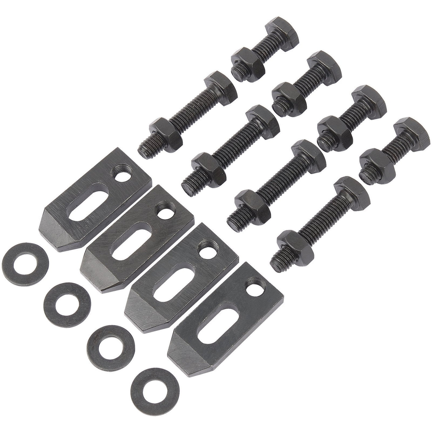 A set of the Draper Clamping Kit For Face Plate (16 Piece), featuring black metal bolts, nuts, washers, and flat rectangular plates with oval cutouts, arranged in a row on a white background.