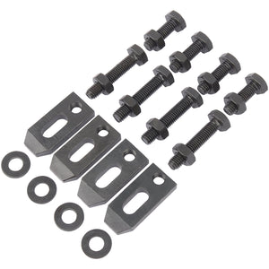 A set of the Draper Clamping Kit For Face Plate (16 Piece), featuring black metal bolts, nuts, washers, and flat rectangular plates with oval cutouts, arranged in a row on a white background.