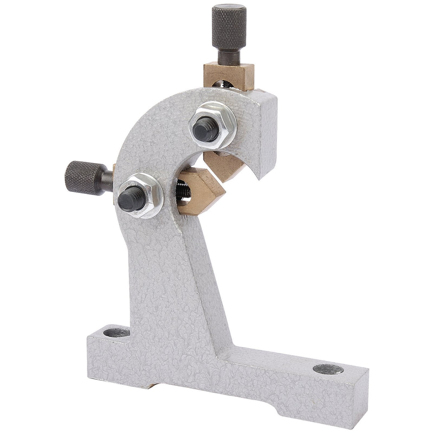 The Draper Follow Rest, compatible with Stock No. 33893 - LATHE300-05, is a gray metal accessory featuring adjustable knobs and two supporting bolts, specifically designed to stabilize workpieces during machining.