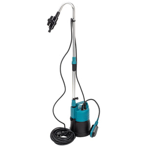 The SIP - 3/4" Water Butt Pump (SIP-06908) by SIP is a submersible water pump featuring a blue and black body, attached hoses, a long power cord, and a float switch, making it perfect for gardening applications.