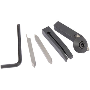 The Draper Cutter Set For Use With Stock No. 33893 (2 Piece) - LATHE300-09 includes an L-shaped hex key, two straight cutting blades, a C-shaped part with a wheel, and a rectangular tool holder with a slot and screw mechanism.