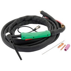 The Draper Tig Torch for Expert 200A 230V Tig Hf Welder 05579 - Y010232 features a black flexible cable and a green torch handle. It comes complete with various fittings and accessories, including a pink cap, brass connections, and a thin rod.