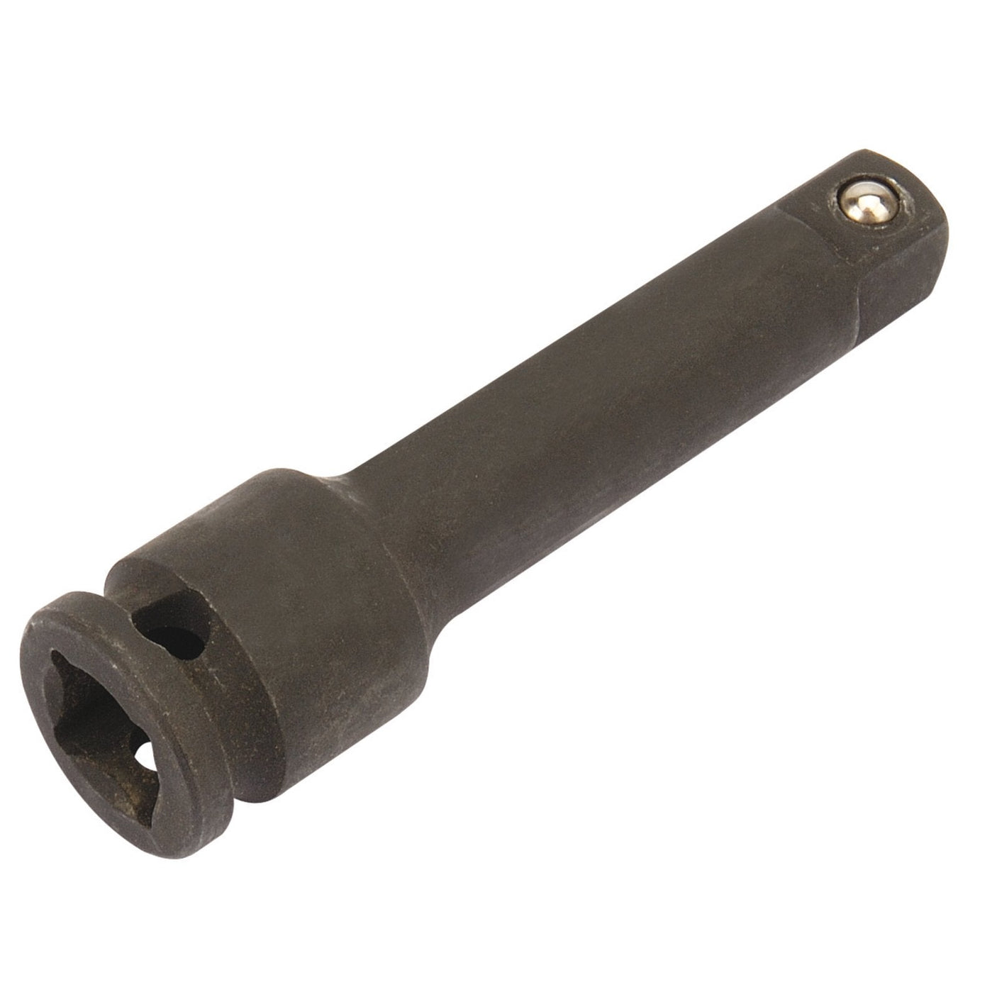 The Draper Expert Impact Extension Bar, 3/8" Sq. Dr., 75mm - 909 from Draper is a black metal extension bar forged from chrome molybdenum steel for enhanced strength. It features a universal joint at one end and a spring-loaded ball bearing for secure locking.