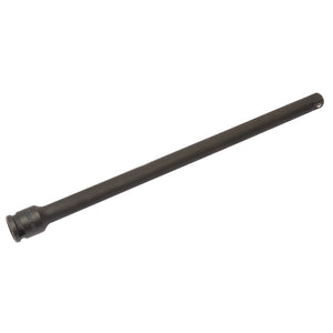 The Draper Expert Impact Extension Bar, 3/8" Sq. Dr., 255mm - 909 is a long, cylindrical, black metal rod made from chrome molybdenum steel with a wider base on one end and a drilled hole on the other; it resembles a rifle or firearm barrel.