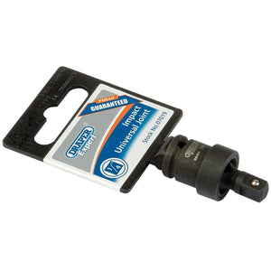 A Draper Expert Impact Universal Joint, 1/4" Sq. Dr. - 807 tool, made from durable chrome molybdenum steel and featuring a spring-loaded ball bearing for secure attachment, comes neatly attached to its packaging.