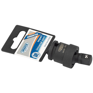 Image showing a Draper Expert Impact Universal Joint, 3/8" Sq. Dr. - 907 by Draper. Made from durable chrome molybdenum steel for enhanced corrosion protection, the joint is attached to its packaging, which includes product information and Draper branding.