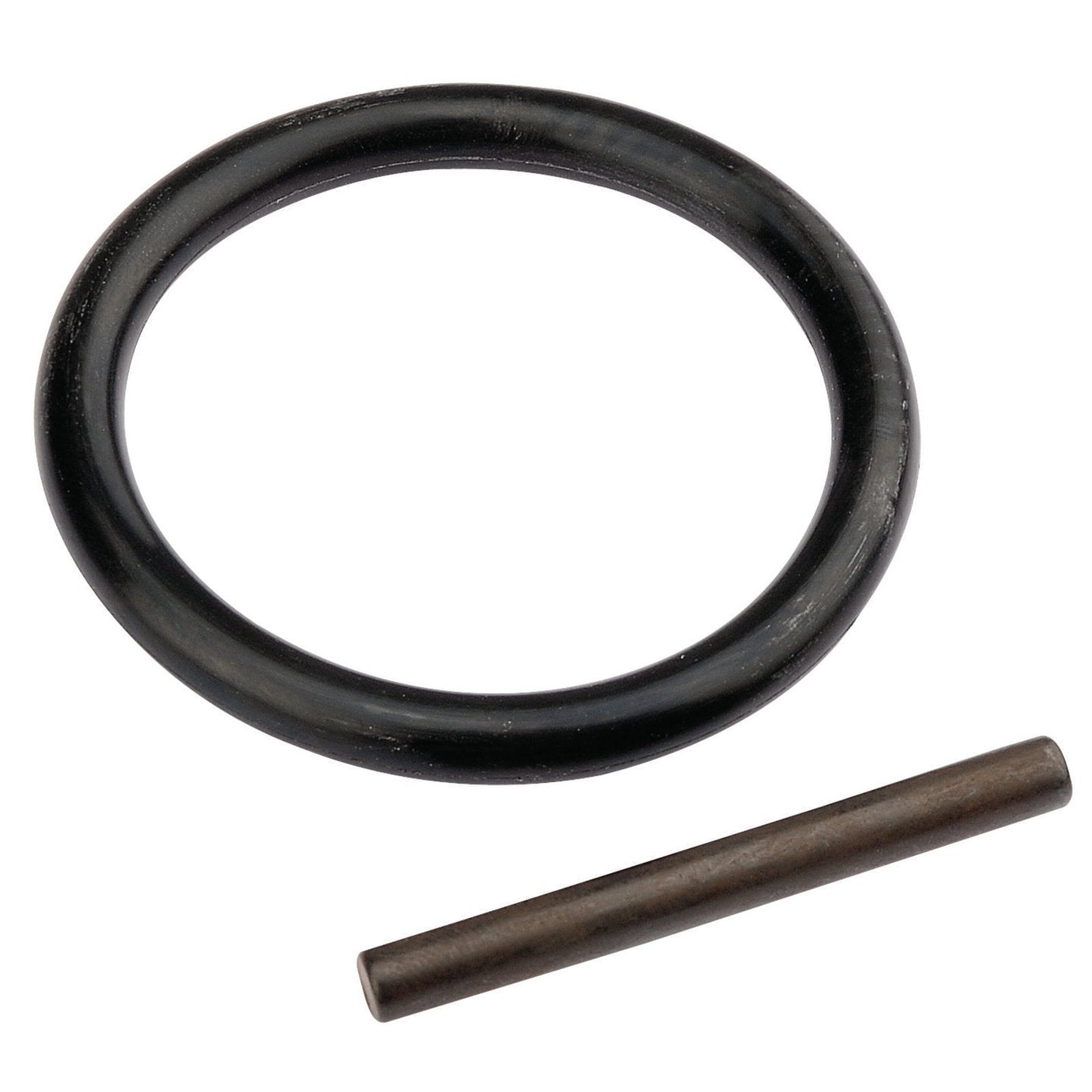 A Draper Ring And Pin Kit for 1" Sq. Dr. Impact Sockets, 34-70mm - 702, featuring a black rubber O-ring and a cylindrical metal pin, is placed against a white background.