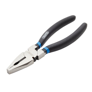 The Draper Combination Pliers, 180mm - 64ANH, are made from forged carbon steel with chrome plating and feature black PVC dipped handles. These pliers are designed for gripping, bending, and cutting wires.