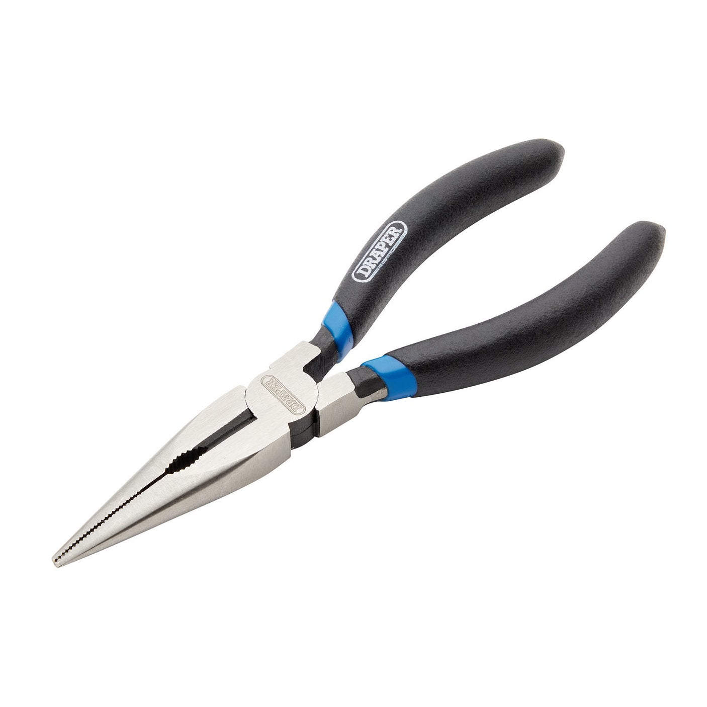 The Draper Long Nose Pliers, 140mm - 37ANH, feature black handles and metallic jaws with a ribbed inner surface for enhanced gripping. Forged from carbon steel and induction hardened for added durability, the jaws provide reliable performance. The handles are partially coated in blue PVC to ensure a comfortable and secure grip.