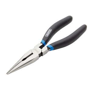 Take advantage of the Draper Long Nose Pliers, 160mm - 37ANH, featuring PVC-dipped black handles and a durable metal gripping and cutting head made from hardened and tempered carbon steel.